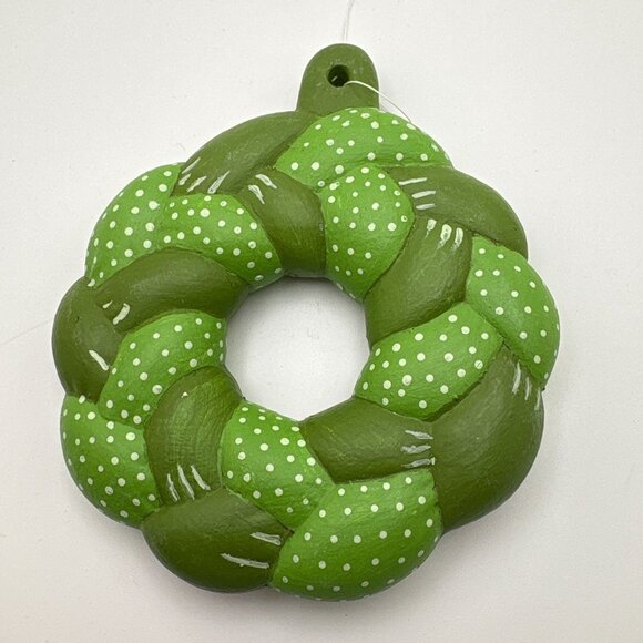 Vintage Green Braided Wreath Christmas Tree Ornament Polka Dot Hand Painted - Picture 6 of 6